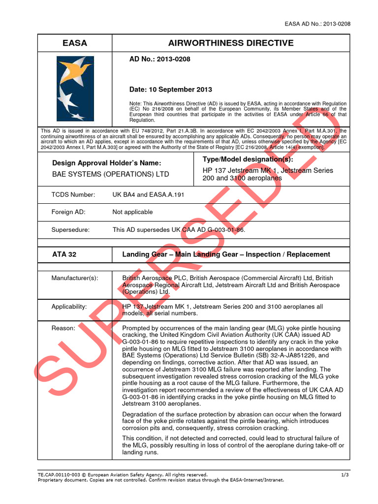 EASA AD 2013-0208: Jetstream MLG Inspection | PDF | Aviation
