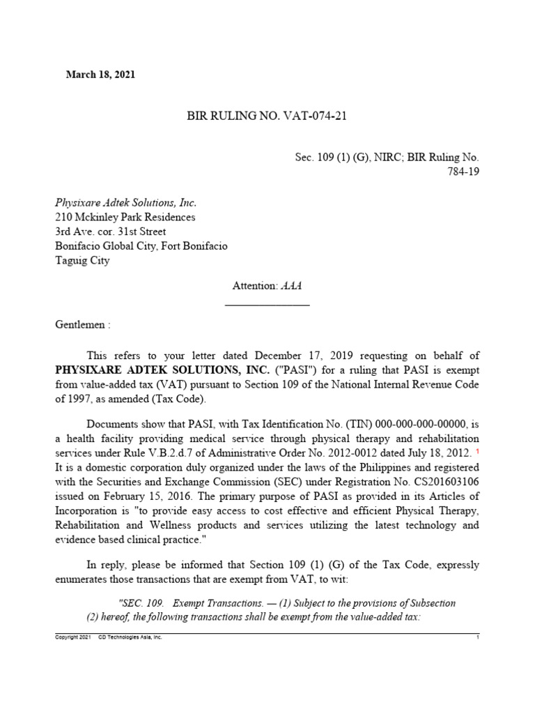 Bir ruling no vat 074 21 pdf value added tax taxes