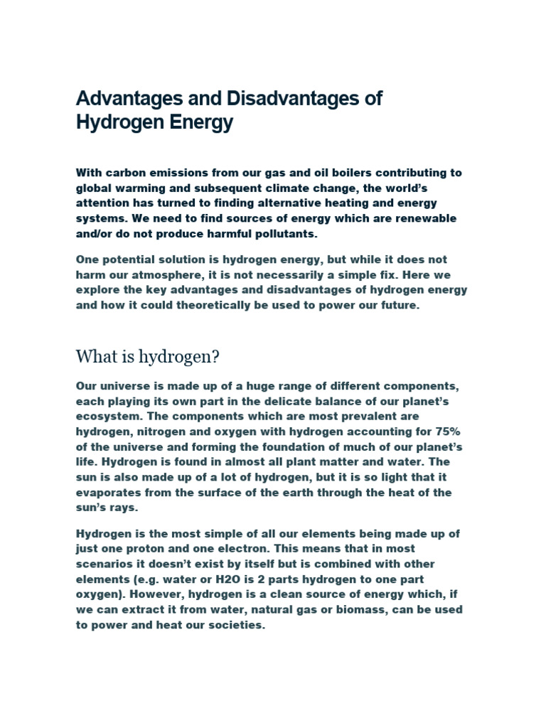 Hydrogen Energy: Pros and Cons | PDF | Hydrogen | Hydrogen Economy
