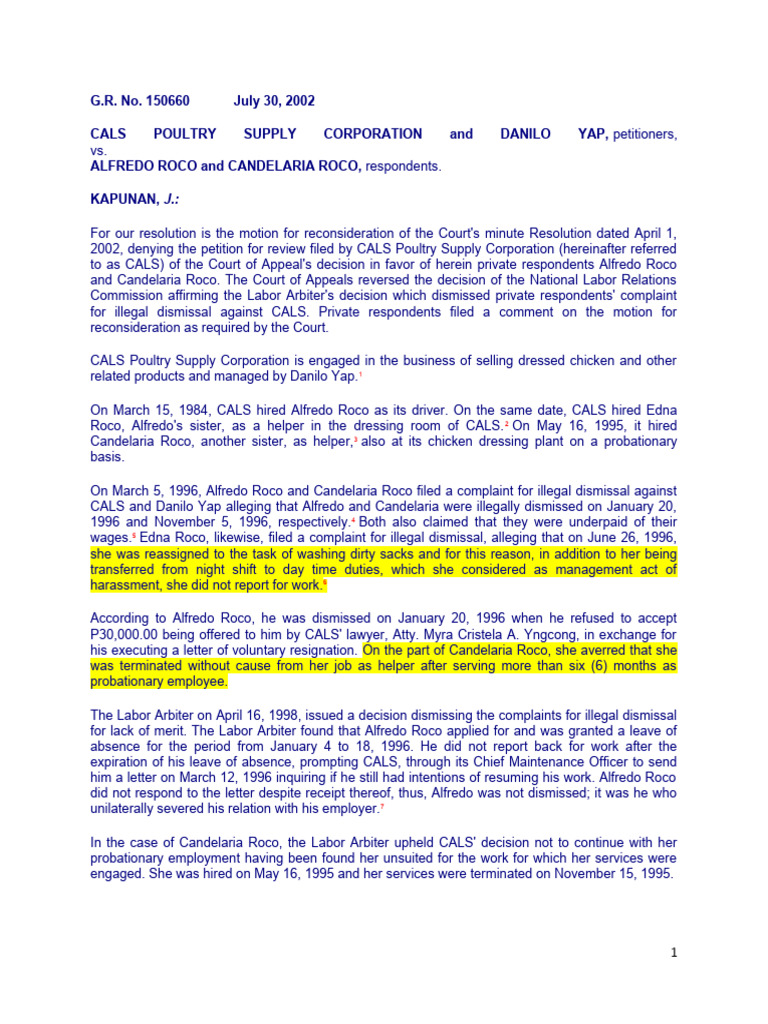 Cals poultry supply corp vs roco pdf employment complaint