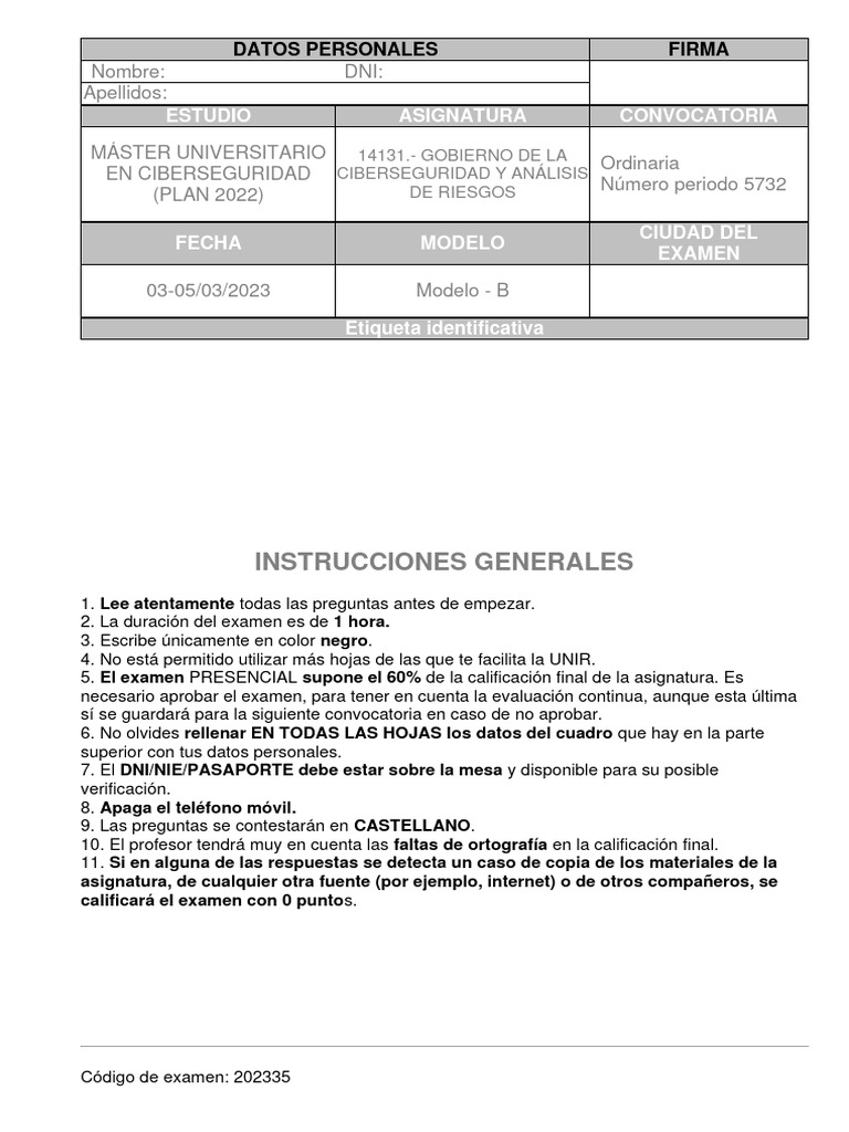 Examen Modelo B Ciberseguridad 2023 | PDF