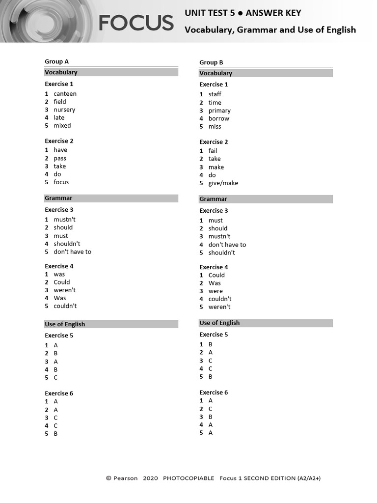 Focus1 2E Unit Test Vocabulary Grammar UoE Unit5 GroupA B ANSWERS | PDF