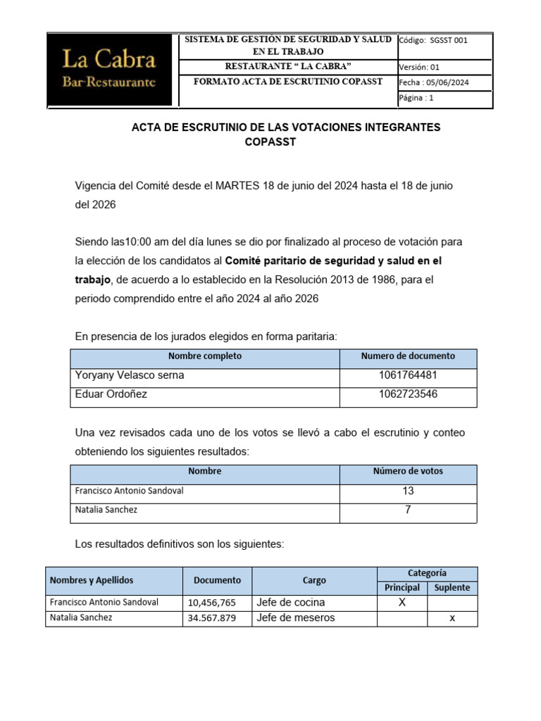 Acta de Escrutinio COPASST 2024-2026 | PDF | Gobierno | Elecciones