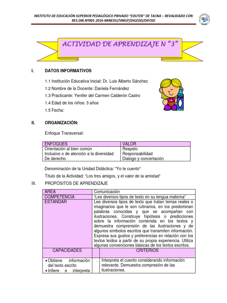 ACTIVIDAD DE APRENDIZAJE Comunicación 3 Años | PDF | Pedagogía | Maestros