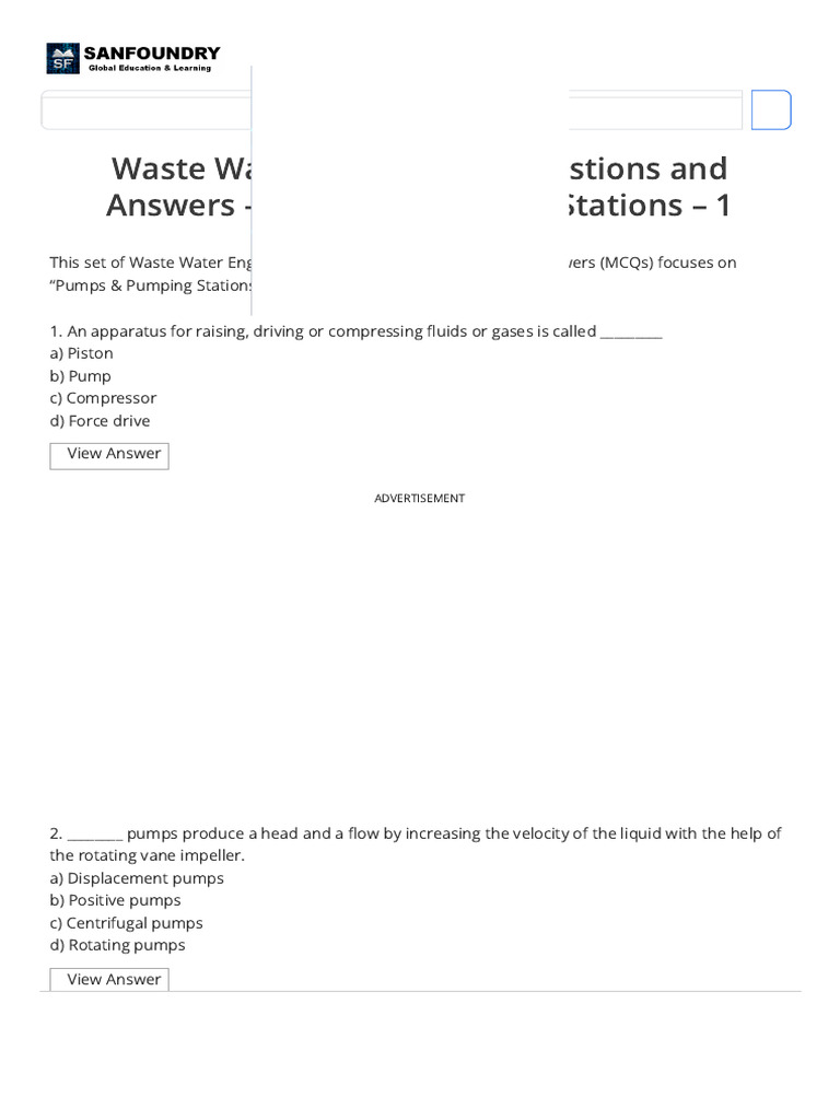 Pumps & Pumping Stations Waste Water Engineering Questions and