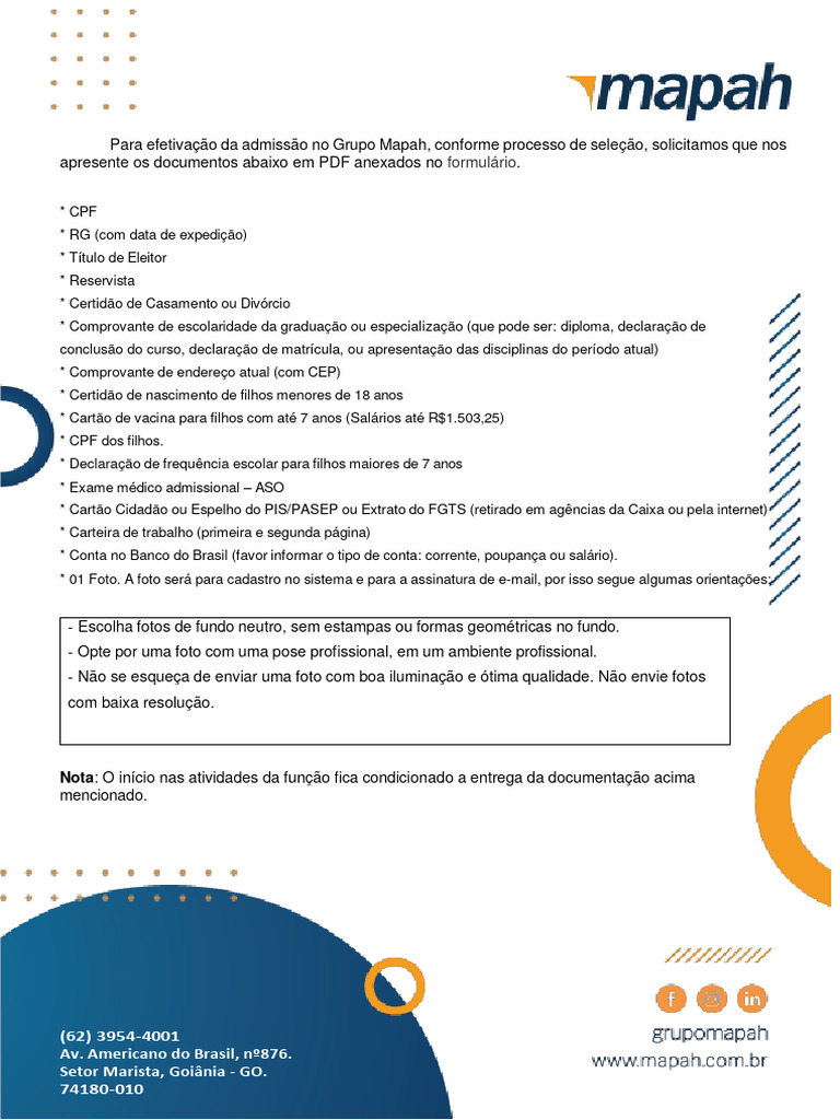 Documentos Necessários para Admissão Mapah | PDF