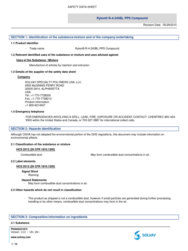 Ryton R-4-240BL PPS SDS 05.29.18 | PDF | Occupational Hygiene | Toxicity