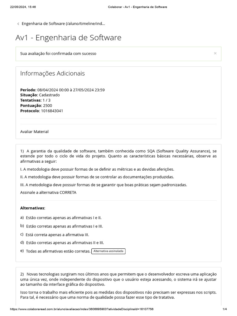 Avaliação de Engenharia de Software 2024 | PDF | Engenharia de Software ...