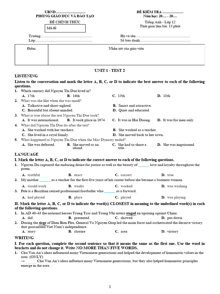 Unit 1 Test 2 Life Stories We Admire Anh 12 Global Success Download