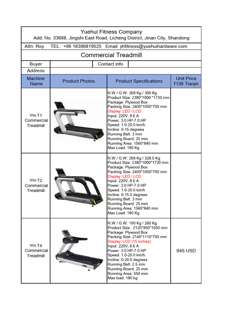 Commercial Treadmill Specifications | PDF | Treadmill