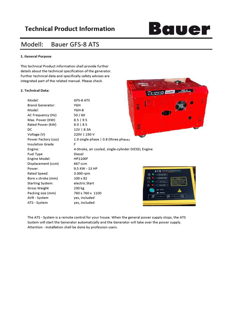 Bauer GFS-8 ATS Generator Specs | PDF | Technology & Engineering