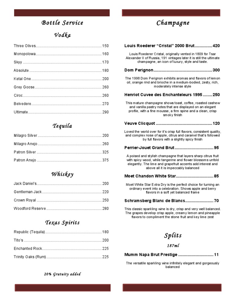 Bottle Service Menu PDF