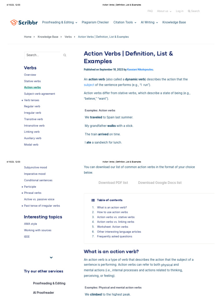 Action Verbs Explained and Examples | PDF | Verb | Subject (Grammar)