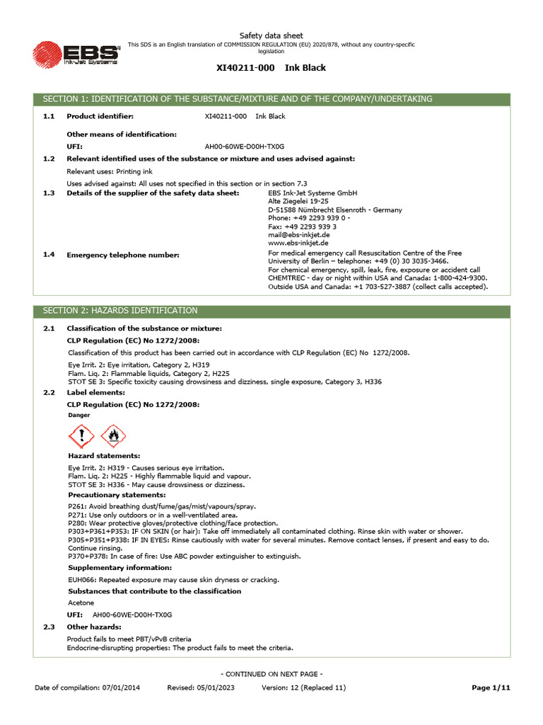 Ink Black Safety Data Sheet Summary | PDF | Dangerous Goods | Personal ...