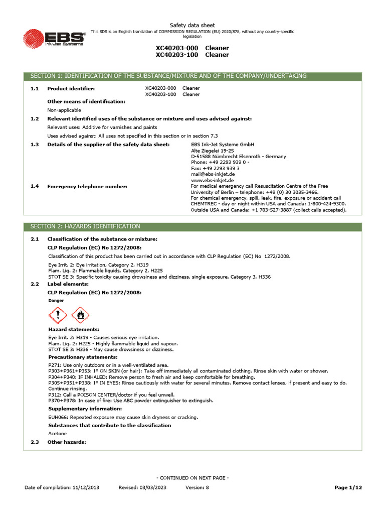 XC40203 Cleaner Safety Data Sheet | PDF | Dangerous Goods | Toxicity