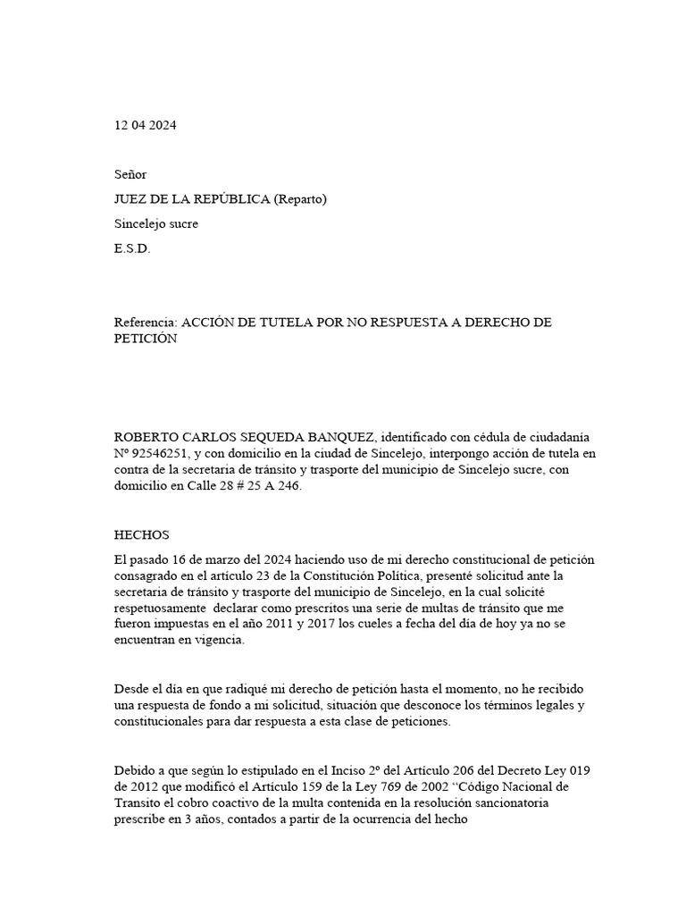 Tutela por Falta de Respuesta a Petición | PDF | Petición | Derecho ...