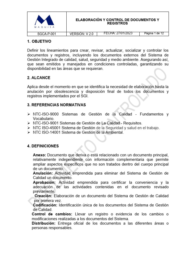 Sgca P 001 Procedimiento Para La Elaboración Y Control De Documentos Y