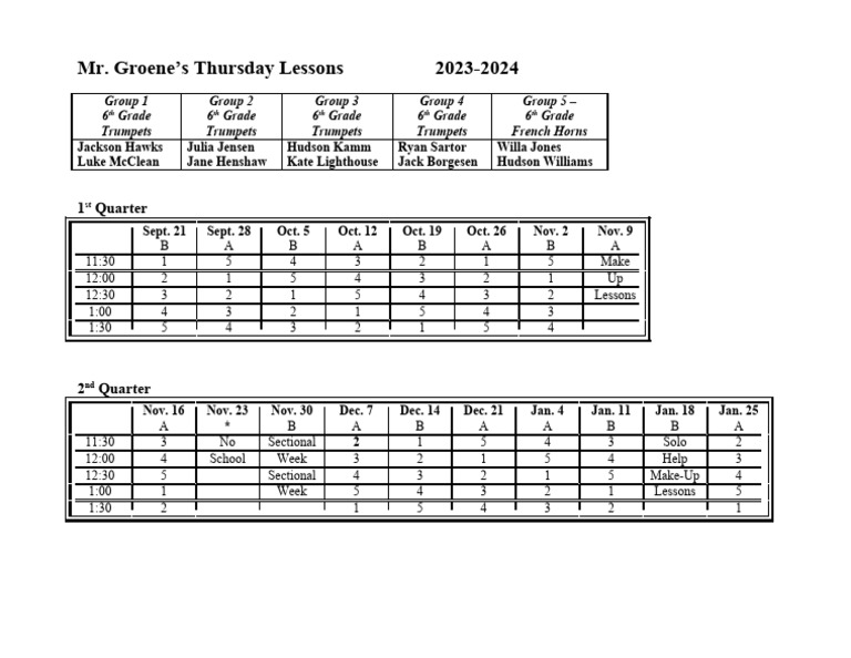 6th Grade Trumpet & Horn Lessons Schedule | PDF