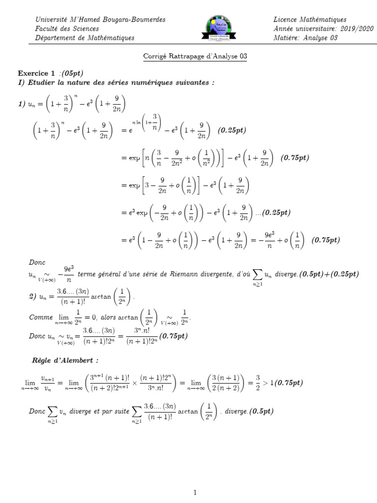 Corrigé Rattrapage Analyse 03 2019-2020 | PDF | Calcul ...