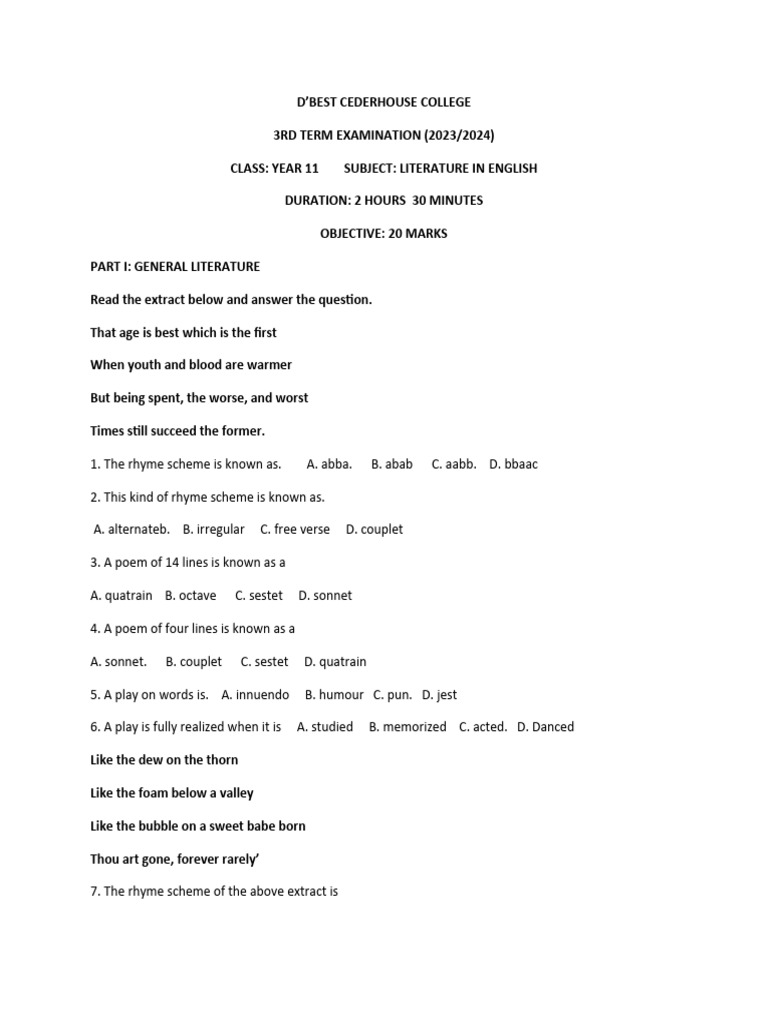 SS2 3RD Term Exam (Literature) PDF Poetry