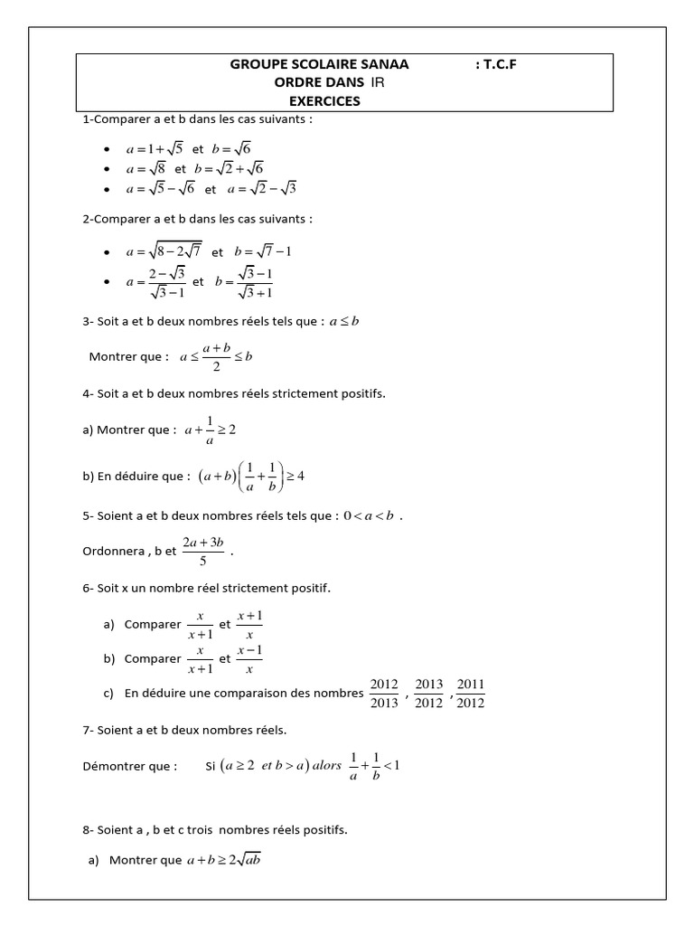Exercices sur l'ordre dans R | PDF | Échecs