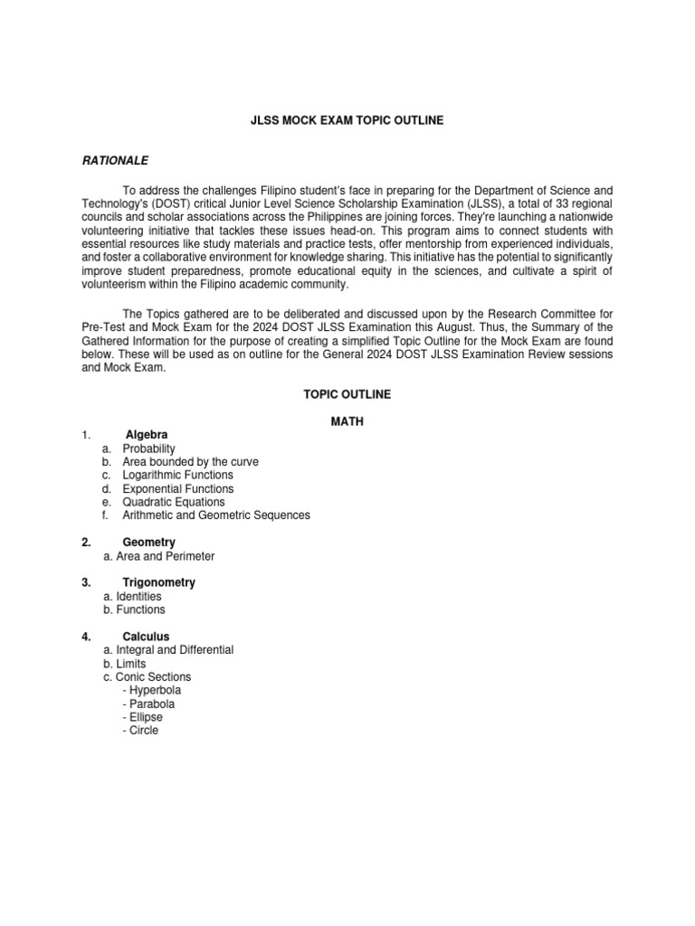 2024 DOST JLSS Mock Exam Topics Outline | PDF | Science | Equations