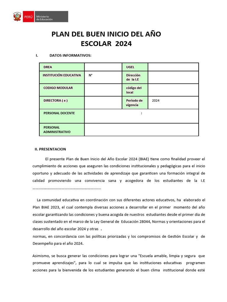 Plan de Buen Inicio Escolar 2024 | PDF | Educación primaria | Escuelas