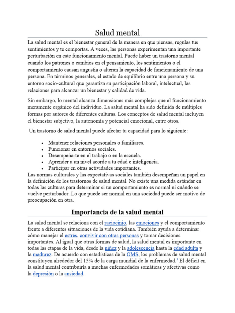 Importancia y Diagnóstico de la Salud Mental | PDF | Salud mental ...