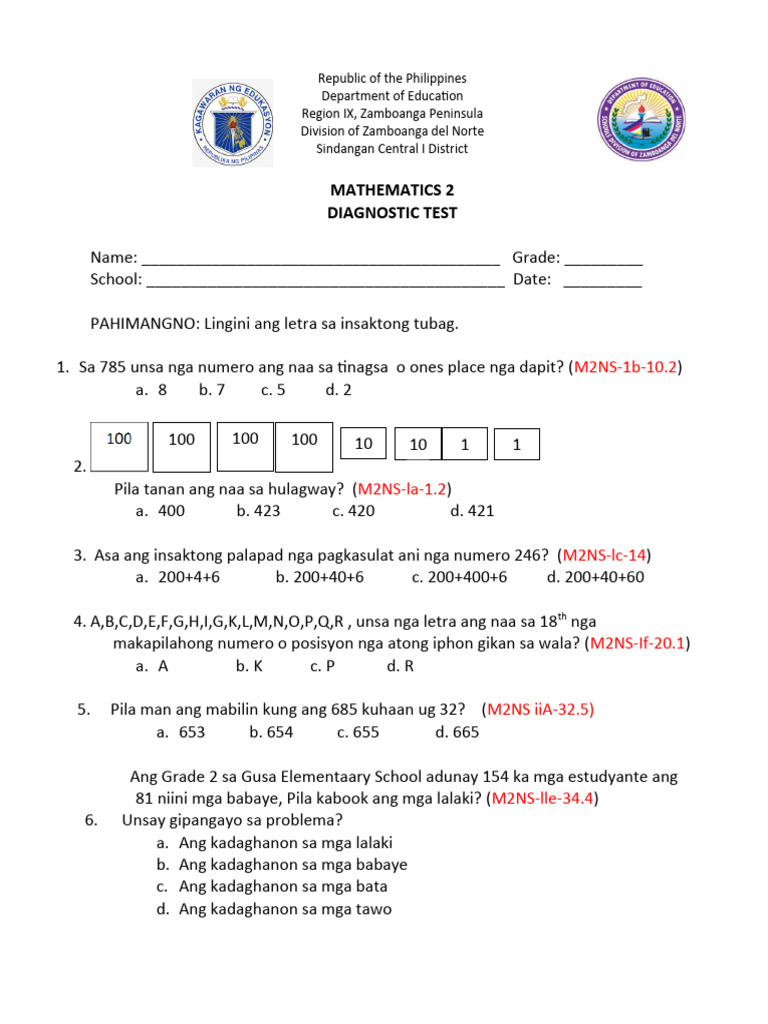 MATH 2 Diagnostic Test | PDF