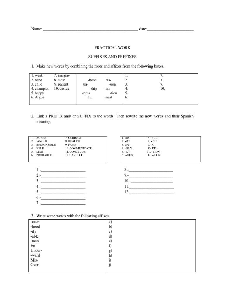 Suffixes and Prefixes Practice Worksheet | PDF | Linguistics | Morphology