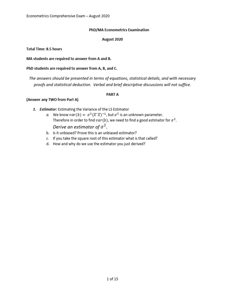 Metrics Aug2020 | PDF | Ordinary Least Squares | Estimator