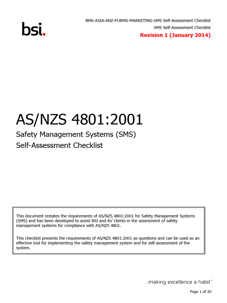 BMS SMS Self Assessment Checklist | PDF | Occupational Safety And ...