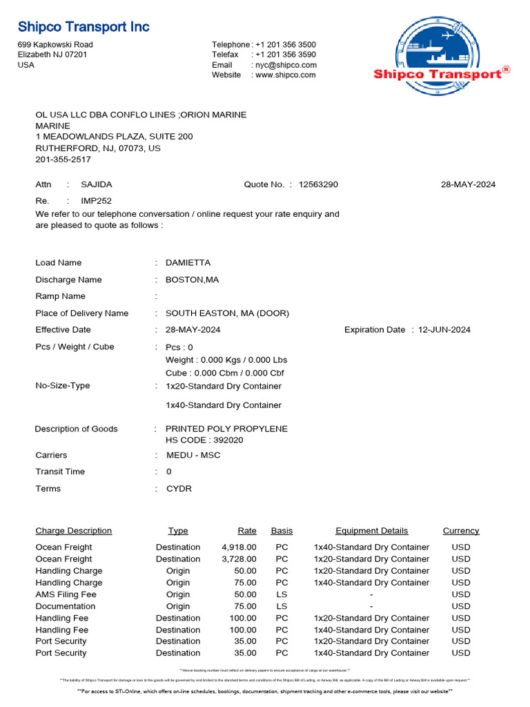 Shipco Transport Rate Quotation | PDF | Cargo | Bill Of Lading
