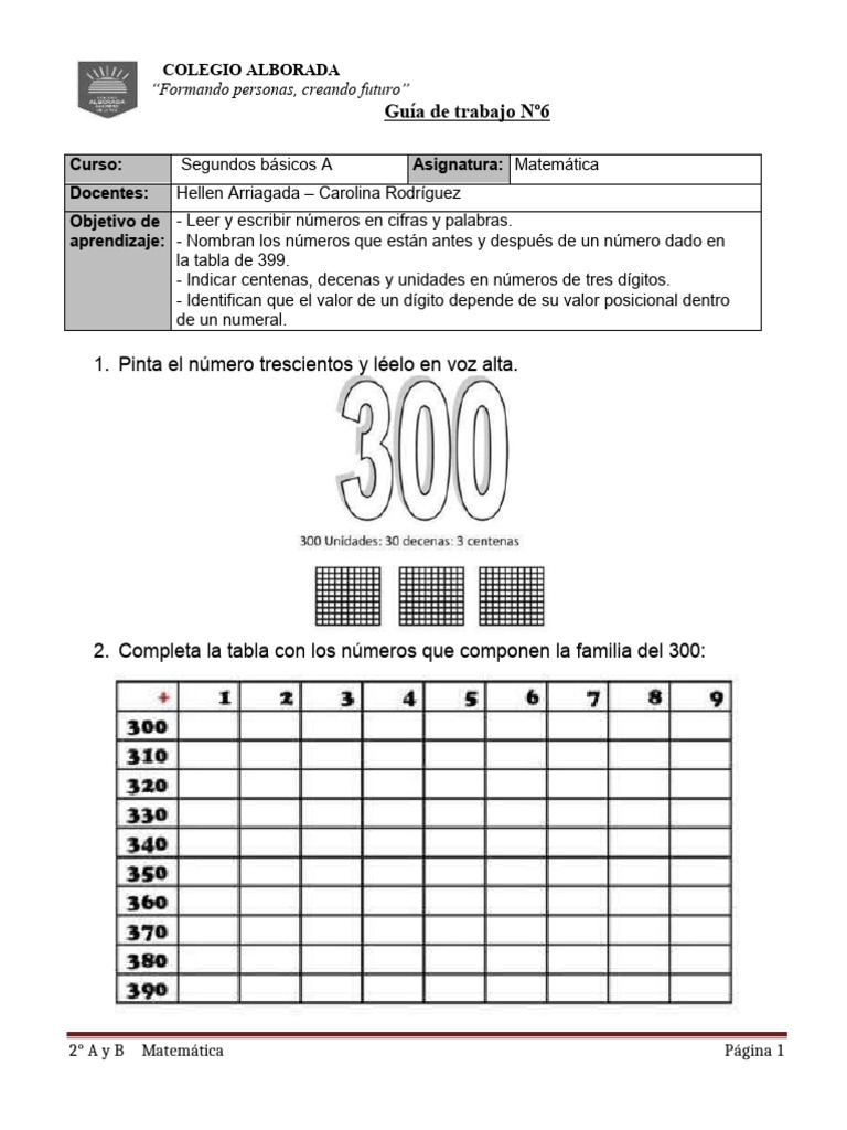 GUIA-6-MATEMATICA-2°A Hasta El 300 | PDF | Aritmética | Matemáticas