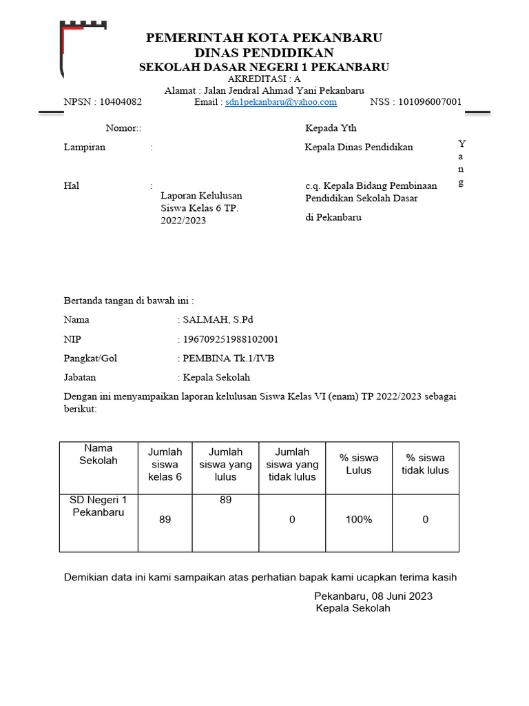 Laporan Kelulusan Siswa Kelas 6 SD | PDF