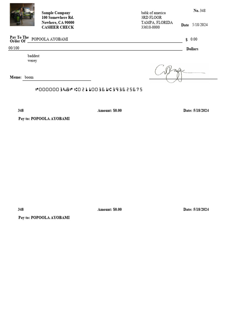 Cashier Check for Popoola Ayobami | PDF