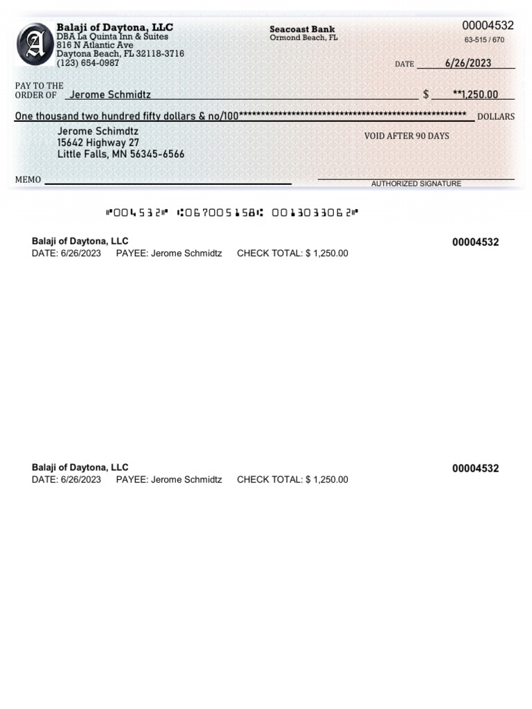 Check Example for $1,250 Payment | PDF | Finance & Money Management | Law
