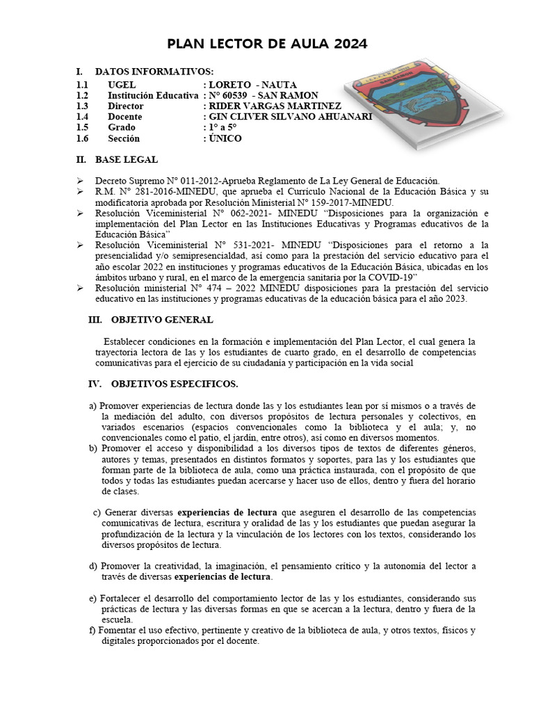 Plan Lector 2024 para Educación Básica | PDF | Salón de clases ...