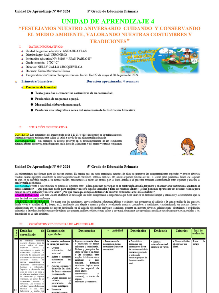 5° Grado Unidad de Aprendizaje 3 Junio 2024 | PDF | División ...
