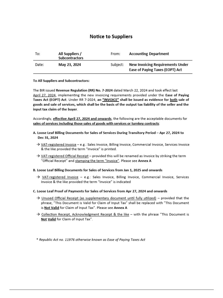 Notice To Suppliers - EOPT Invoicing Requirements | PDF | Invoice ...