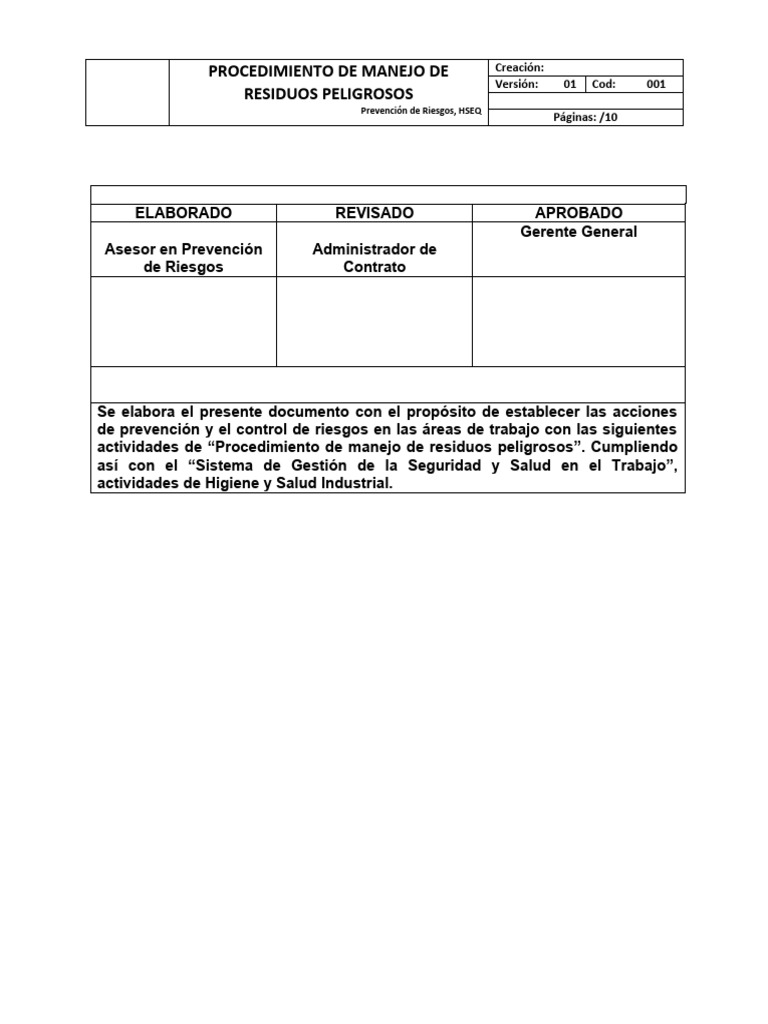 Procedimiento de Manejo de Residuos Peligrosos | PDF | Residuos ...