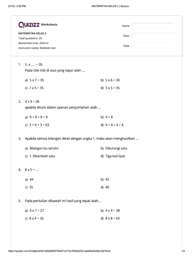 Quizizz Matematika Kelas 2 Pdf