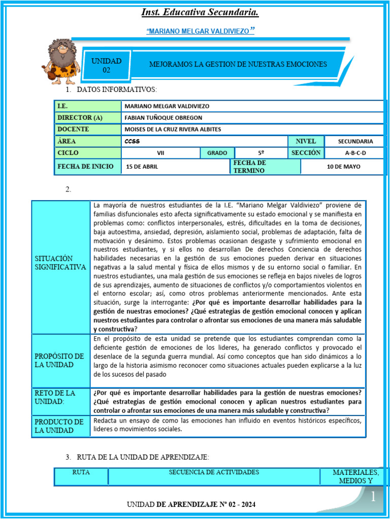 5º Unidad 2 - CCSS - 2024 .. | PDF | Las emociones | Aprendizaje
