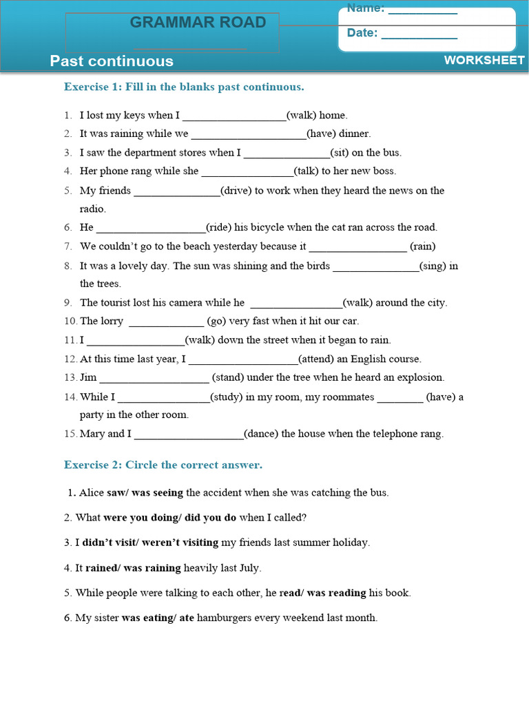 Past Continuous Grammar Worksheet | PDF