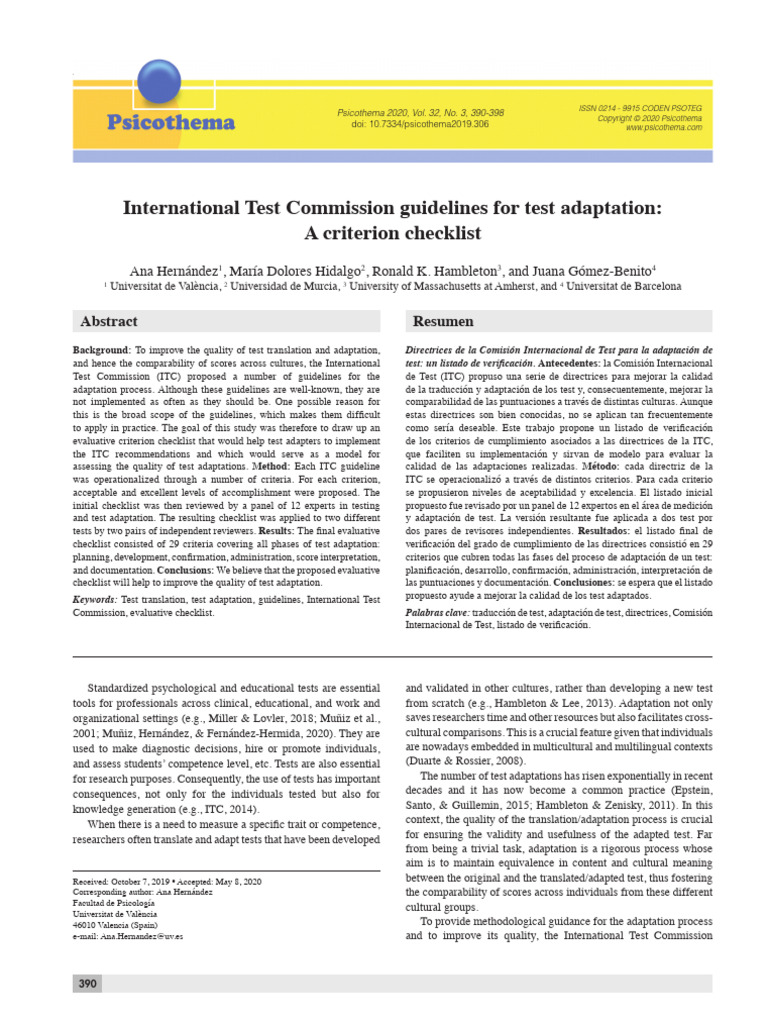 2020 Hernandez International Test Commission Guidelines For Test ...