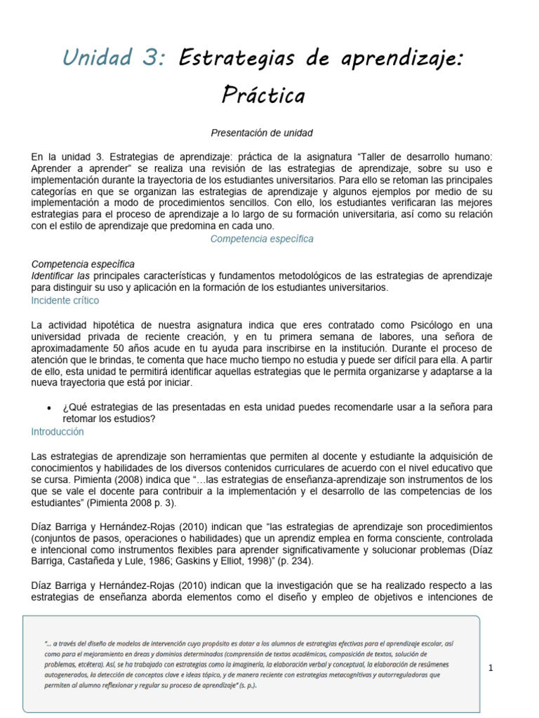 Unidad 3 - Estrategias de Aprendizaje - Práctica | PDF | Aprendizaje ...