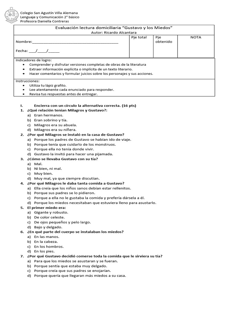 Evaluacion Gustavo y Los Miedos | PDF | Artes del Lenguaje y ...