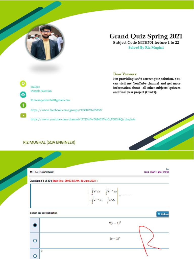 MTH501 Grand Quiz Solutions by Riz Mughal | PDF