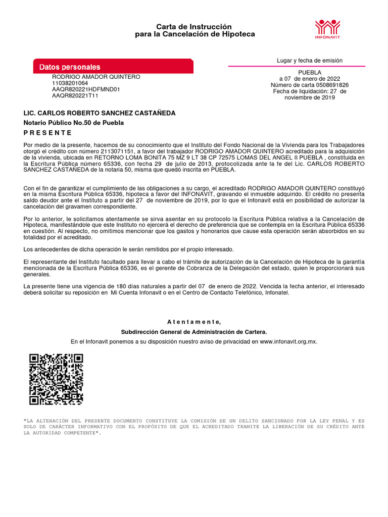 Instrucción para Cancelación de Hipoteca Infonavit | PDF