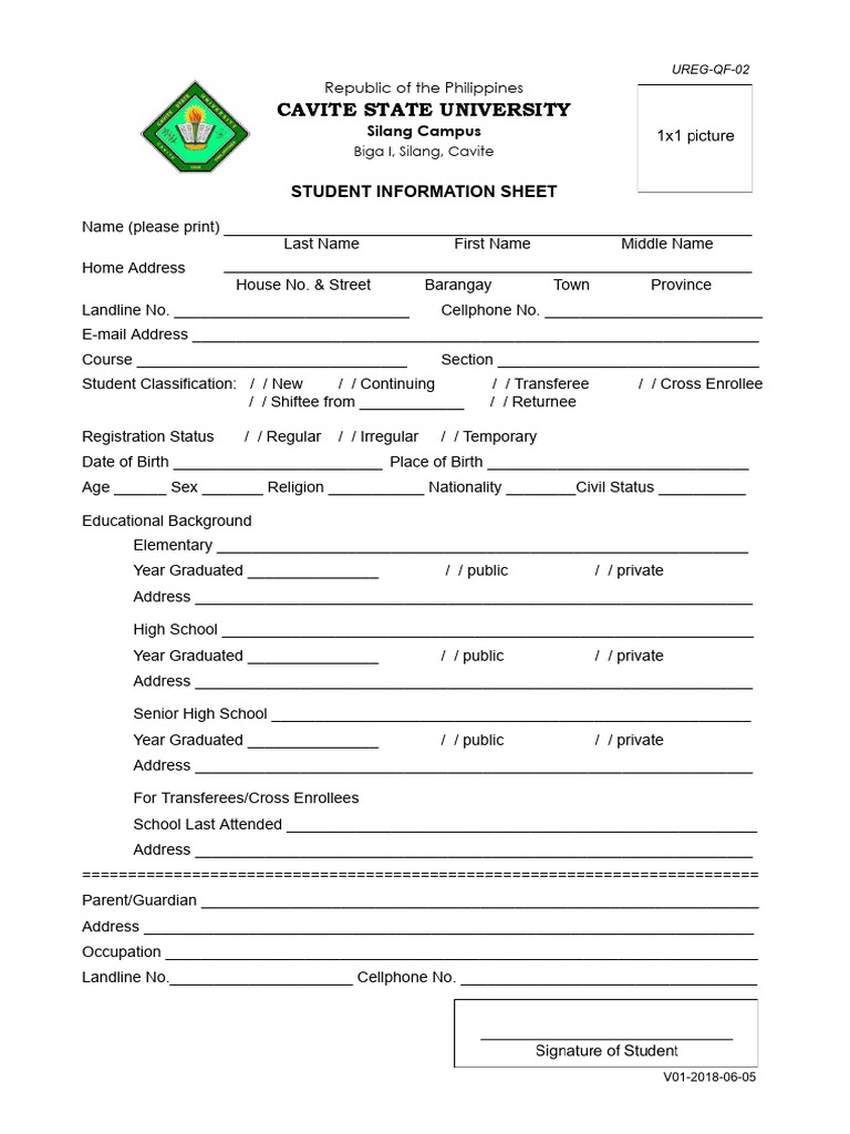 UREG-QF-02 Student Information Sheet - Silang | PDF | Career & Growth